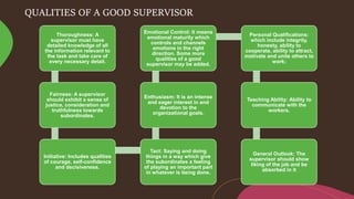 QUALITIES OF A GOOD SUPERVISOR
Thoroughness: A
supervisor must have
detailed knowledge of all
the information relevant to
the task and take care of
every necessary detail.
Fairness: A supervisor
should exhibit a sense of
justice, consideration and
truthfulness towards
subordinates.
Initiative: Includes qualities
of courage, self-confidence
and decisiveness.
Tact: Saying and doing
things in a way which give
the subordinates a feeling
of playing an important part
in whatever is being done.
Enthusiasm: It is an intense
and eager interest in and
devotion to the
organizational goals.
Emotional Control: It means
emotional maturity which
controls and channels
emotions in the right
direction. Some more
qualities of a good
supervisor may be added.
Personal Qualifications:
which include integrity,
honesty, ability to
cooperate, ability to attract,
motivate and unite others to
work;
Teaching Ability: Ability to
communicate with the
workers.
General Outlook: The
supervisor should show
liking of the job and be
absorbed in it
 
