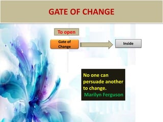 GATE OF CHANGE
No one can
persuade another
to change.
Marilyn Ferguson
Inside
Gate of
Change
To open
 