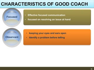 CHARACTERISTICS OF GOOD COACH
38
Focused
• Effective focused communication
• focused on resolving an issue at hand
Observant
• keeping your eyes and ears open
• Identify a problem before telling
 