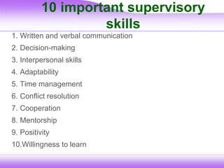 10 important supervisory
skills
1. Written and verbal communication
2. Decision-making
3. Interpersonal skills
4. Adaptability
5. Time management
6. Conflict resolution
7. Cooperation
8. Mentorship
9. Positivity
10.Willingness to learn
 