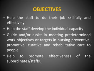 OBJECTIVES
• Help the staff to do their job skillfully and
effectively
• Help the staff develop the individual capacity
• Guide and/or assist in meeting predetermined
work objectives or targets in nursing preventive,
promotive, curative and rehabilitative care to
people.
• Help to promote effectiveness of the
subordinates/staffs.
 