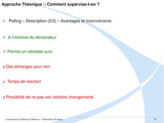 Approche Théorique :: Comment supervise­t­on ?

 Polling – Description (2/2) – Avantages et Inconvénients

 A l'initiative du demandeur
 Permet un véritable suivi

 Des échanges pour rien

  Temps de réaction

 Possibilité de ne pas voir certains changements

La Supervision Systèmes et Réseaux – Présentation de Nagios

15

 