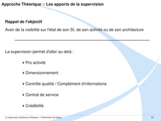 Approche Théorique :: Les apports de la supervision

Rappel de l'objectif 
Avoir de la visibilité sur l'état de son SI, de son activité ou de son architecture

La supervision permet d'aller au delà :
Pro activité
Dimensionnement
Contrôle qualité / Complément d'informations
Contrat de service 
Crédibilité
La Supervision Systèmes et Réseaux – Présentation de Nagios

22

 