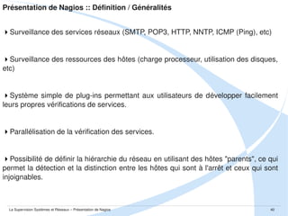 Présentation de Nagios :: Définition / Généralités

 Historique

La Supervision Systèmes et Réseaux – Présentation de Nagios

40

 