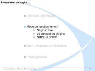 Présentation de Nagios :: Mode de fonctionnement :: Le concept de plugins

La Supervision Systèmes et Réseaux – Présentation de Nagios

48

 