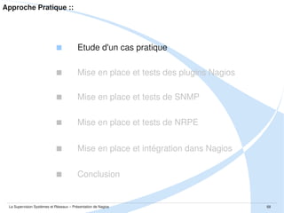 Approche Pratique :: Etude d'un cas pratique

La Supervision Systèmes et Réseaux – Présentation de Nagios

68

 