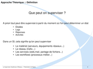 Approche Théorique :: Définition

Que peut on superviser ? 
A priori tout peut être supervisé à partir du moment où l'on peut déterminer un état
➔
➔
➔
➔

 Diodes
 Logs
 Réponses
 Activités

Dans un SI, cela signifie qu'on peut superviser
➔
➔
➔
➔

 Le matériel (serveurs, équipements réseaux...)
 Le réseau (trafic...)
 Les services (web,mail, partage de fichiers...)
 Les workflows (processus métier...)

La Supervision Systèmes et Réseaux – Présentation de Nagios

8

 