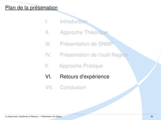 Conclusion ::
 Pour aller plus loin

 Les configurations évoquées pour le use case plop.com sont disponibles sur github
https://github.com/labynocle/talk­td_tp/

 Les mises à jour de ce cours seront disponibles sur slideshare
http://www.slideshare.net/labynocle/cours­supervision­sysres­et­prsentation­de­nagios

La Supervision Systèmes et Réseaux – Présentation de Nagios

88

 
