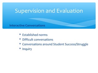 Interactive Conversations
* Established norms
* Difficult conversations
* Conversations around Student Success/Struggle
* Inquiry
Supervision and Evaluation
 