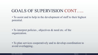 GOALS OF SUPERVISION CONT…..
• To assist and to help in the development of staff to their highest
potential.
• To interpret policies , objectives & need etc. of the
organization.
• To plan services cooperatively and to develop coordination to
avoid overlapping .
NIDHI TRIPATHI KGMU 6/9/2020 15
 