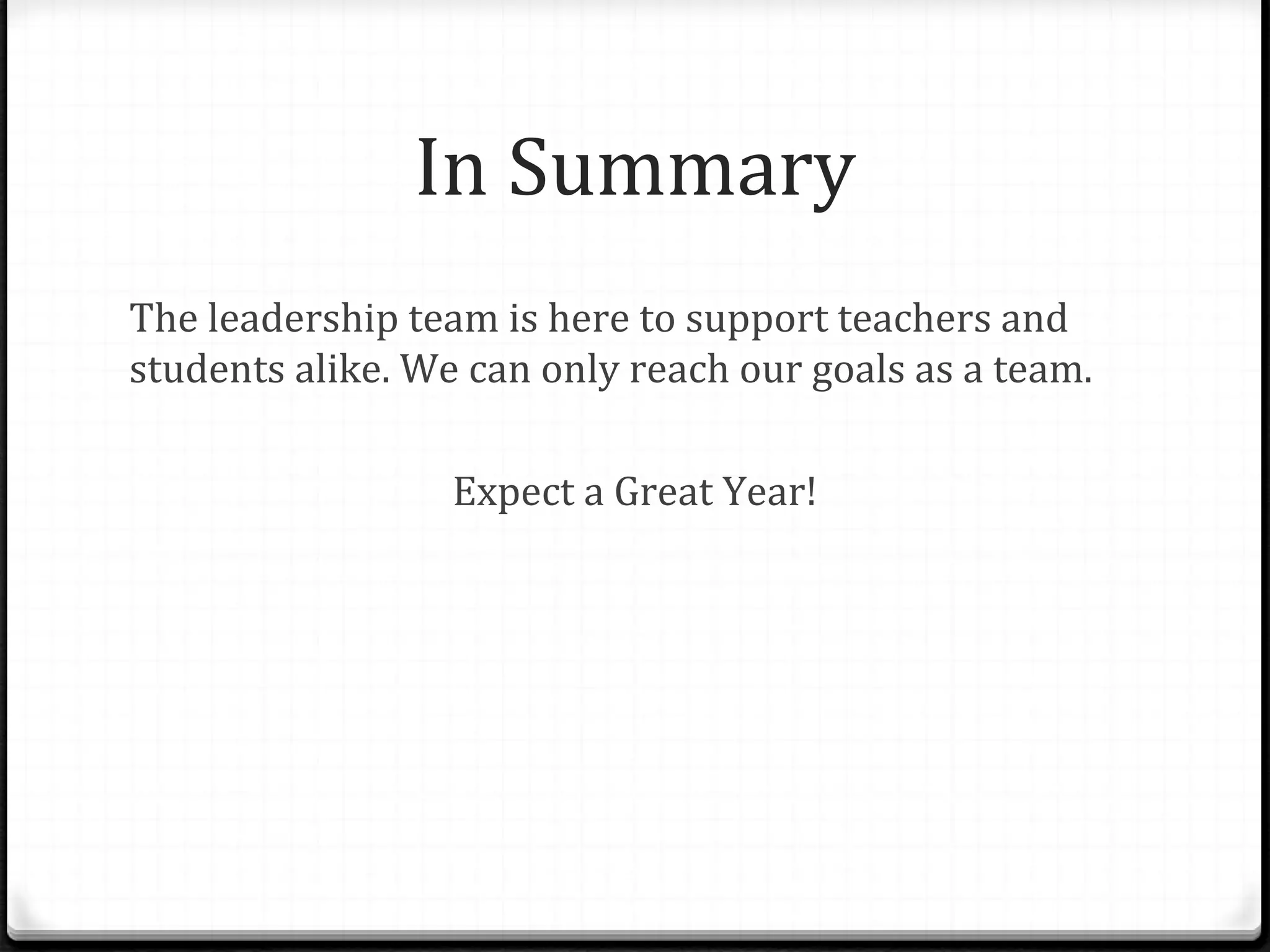 In Summary
The leadership team is here to support teachers and
students alike. We can only reach our goals as a team.
Expect a Great Year!
 