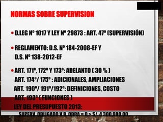 NORMAS SOBRE SUPERVISION
•D.LEG Nº 1017 Y LEY Nº 29873 : ART. 47º (SUPERVISIÓN)
•REGLAMENTO: D.S. Nº 184-2008-EF Y
D.S. Nº 138-2012-EF
•ART. 171º, 172º Y 173º: ADELANTO ( 30 % )
ART. 174º/ 175º : ADICIONALES, AMPLIACIONES
ART. 190º/ 191º/192º: DEFINICIONES, COSTO
ART. 193º ( FUNCIONES )
LEY DEL PRESUPUESTO 2013:
SUPERV. OBLIGADO V.R. OBRA = O > S/. 4 300,000.00
 