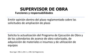SUPERVISOR DE OBRA
Emitir opinión dentro del plazo reglamentado sobre las
solicitudes de ampliación de plazo
Solicita la actualización del Programa de Ejecución de Obra y
de los calendarios de avance de obra valorizado, de
adquisición de materiales e insumos y de utilización de
equipos
Base legal. 198.2 y 202.1 y 198.2 del Reglamento
Funciones y responsabilidades
 
