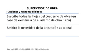 SUPERVISOR DE OBRA
Suscribe todas las hojas del cuaderno de obra (en
caso de existencia de cuaderno de obra físico)
Ratifica la necesidad de la prestación adicional
Base legal. 182.5, 191, 205.4, 208.1, 209 y 192.3 del Reglamento
Funciones y responsabilidades
 