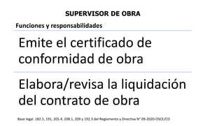 SUPERVISOR DE OBRA
Emite el certificado de
conformidad de obra
Elabora/revisa la liquidación
del contrato de obra
Base legal. 182.5, 191, 205.4, 208.1, 209 y 192.3 del Reglamento y Directiva N° 09-2020-OSCE/CD
Funciones y responsabilidades
 