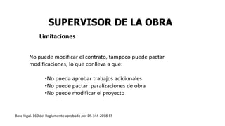 SUPERVISOR DE LA OBRA
No puede modificar el contrato, tampoco puede pactar
modificaciones, lo que conlleva a que:
•No pueda aprobar trabajos adicionales
•No puede pactar paralizaciones de obra
•No puede modificar el proyecto
Base legal. 160 del Reglamento aprobado por DS 344-2018-EF
Limitaciones
 