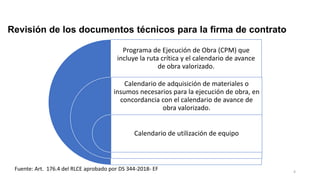 4
Revisión de los documentos técnicos para la firma de contrato
Programa de Ejecución de Obra (CPM) que
incluye la ruta crítica y el calendario de avance
de obra valorizado.
Calendario de adquisición de materiales o
insumos necesarios para la ejecución de obra, en
concordancia con el calendario de avance de
obra valorizado.
Calendario de utilización de equipo
Fuente: Art. 176.4 del RLCE aprobado por DS 344-2018- EF
 