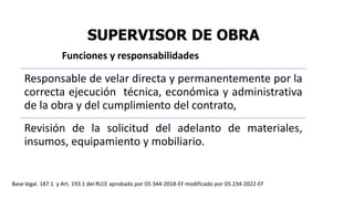 SUPERVISOR DE OBRA
Responsable de velar directa y permanentemente por la
correcta ejecución técnica, económica y administrativa
de la obra y del cumplimiento del contrato,
Revisión de la solicitud del adelanto de materiales,
insumos, equipamiento y mobiliario.
Base legal. 187.1 y Art. 193.1 del RLCE aprobado por DS 344-2018-EF modificado por DS 234-2022-EF
Funciones y responsabilidades
 