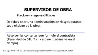 SUPERVISOR DE OBRA
Debida y oportuna administración de riesgos durante
todo el plazo de la obra,
Absolver las consultas que formule el contratista
(Penalidad de 01UIT en caso no lo absuelva en el
tiempo)
Base legal. 187.1 y Art. 193.1 del RLCE aprobado por DS 344-2018-EF modificado por DS 234-2022-EF
Funciones y responsabilidades
 