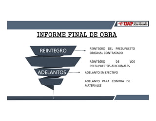 INFORME FINAL DE OBRA
ADELANTOS
REINTEGRO
REINTEGRO DEL PRESUPUESTO
ORIGINAL CONTRATADO
REINTEGRO DE LOS
PRESUPUESTOS ADICIONALES
ADELANTO EN EFECTIVO
ADELANTO PARA COMPRA DE
MATERIALES
 