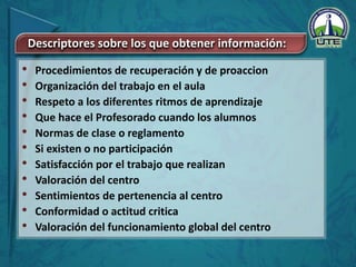 • Procedimientos de recuperación y de proaccion
• Organización del trabajo en el aula
• Respeto a los diferentes ritmos de aprendizaje
• Que hace el Profesorado cuando los alumnos
• Normas de clase o reglamento
• Si existen o no participación
• Satisfacción por el trabajo que realizan
• Valoración del centro
• Sentimientos de pertenencia al centro
• Conformidad o actitud critica
• Valoración del funcionamiento global del centro
Descriptores sobre los que obtener información:
 