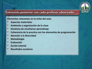 Entrevista posterior con cada profesor observado:
Elementos relevantes en la visita del aula:
• Aspectos materiales
• Ambiente y organización de la clase
• Dinámica de enseñanza-aprendizaje
• Coherencia de la practica con los elementos de programación
• Atención a la diversidad
• Metodología
• Evaluación
• Acción tutorial
• Resultados escolares
 