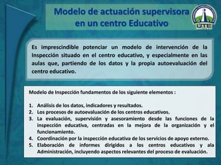 Modelo de actuación supervisora
en un centro Educativo
Es imprescindible potenciar un modelo de intervención de la
Inspección situado en el centro educativo, y especialmente en las
aulas que, partiendo de los datos y la propia autoevaluación del
centro educativo.
Modelo de Inspección fundamentos de los siguiente elementos :
1. Análisis de los datos, indicadores y resultados.
2. Los procesos de autoevaluación de los centros educativos.
3. La evaluación, supervisión y asesoramiento desde las funciones de la
inspección educativa, centradas en la mejora de la organización y el
funcionamiento.
4. Coordinación por la inspección educativa de los servicios de apoyo externo.
5. Elaboración de informes dirigidos a los centros educativos y ala
Administración, incluyendo aspectos relevantes del proceso de evaluación.
 