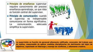 La supervisión es función de personal altamente calificado, conocedor del trabajo que
se realiza, responsable de aplicar medidas disciplinarias sin detrimento del logro de
objetivos, capacitado en liderazgo y manejo de conflictos, y altamente creativo.
 