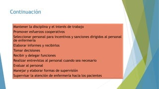 Continuación
Mantener la disciplina y el interés de trabajo
Promover esfuerzos cooperativos
Seleccionar personal para incentivos y sanciones dirigidos al personal
de enfermería
Elaborar informes y recibirlos
Tomar decisiones
Recibir y delegar funciones
Realizar entrevistas al personal cuando sea necesario
Evaluar al personal
Manejar y elaborar formas de supervisión
Supervisar la atención de enfermería hacia los pacientes
 