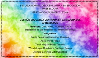 ESCUELA NORMAL DE LICENCIATURA EN EDUCACIÓN
PREESCOLAR
“BERTHA VON GLUMER Y LEYVA”
GESTIÓN EDUCATIVA CENTRADA EN LA MEJORA DEL
APRENDIZAJE
Profesora: DRA. NANCY CHIGO TOTO
ORGANIGRAMA DE LAS FUNCIONES DEL SUPERVISOR ESCOLAR
Integrantes:
María Fernanda Hernández Guzmán
Adela Pérez Felipe
Yareli Maydali Pérez Ovando
Wendy Leysa Guadalupe Santiago Ramos
Alondra Berenice Vidal González
Sabdi Yamileth Gómez Esponda
 
