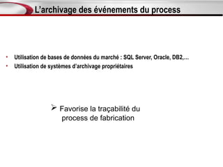 L’archivage des événements du process



•   Utilisation de bases de données du marché : SQL Server, Oracle, DB2,…
•   Utilisation de systèmes d’archivage propriétaires




                   Favorise la traçabilité du
                      process de fabrication
 