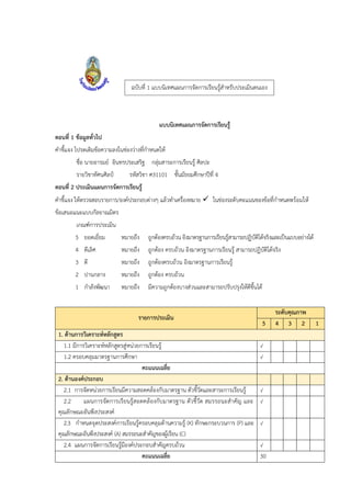 แบบนิเทศแผนการจัดการเรียนรู้
ตอนที่ 1 ข้อมูลทั่วไป
คาชี้แจง โปรดเติมข้อความลงในช่องว่างที่กาหนดให้
ชื่อ นายอารมย์ อินทรประเสริฐ กลุ่มสาระการเรียนรู้ ศิลปะ
รายวิชาทัศนศิลป์ รหัสวิชา ศ31101 ชั้นมัธยมศึกษาปีที่ 4
ตอนที่ 2 ประเมินแผนการจัดการเรียนรู้
คาชี้แจง ให้ตรวจสอบรายการ/องค์ประกอบต่างๆ แล้วทาเครื่องหมาย  ในช่องระดับคะแนนของข้อที่กาหนดพร้อมให้
ข้อเสนอแนะแบบกัลยาณมิตร
เกณฑ์การประเมิน
5 ยอดเยี่ยม หมายถึง ถูกต้องครบถ้วน อิงมาตรฐานการเรียนรู้สามารถปฏิบัติได้จริงและเป็นแบบอย่างได้
4 ดีเลิศ หมายถึง ถูกต้อง ครบถ้วน อิงมาตรฐานการเรียนรู้ สามารถปฏิบัติได้จริง
3 ดี หมายถึง ถูกต้องครบถ้วน อิงมาตรฐานการเรียนรู้
2 ปานกลาง หมายถึง ถูกต้อง ครบถ้วน
1 กาลังพัฒนา หมายถึง มีความถูกต้องบางส่วนและสามารถปรับปรุงให้ดีขึ้นได้
รายการประเมิน
ระดับคุณภาพ
5 4 3 2 1
1. ด้านการวิเคราะห์หลักสูตร
1.1 มีการวิเคราะห์หลักสูตรสู่หน่วยการเรียนรู้ √
1.2 ครอบคลุมมาตรฐานการศึกษา √
คะแนนเฉลี่ย
2. ด้านองค์ประกอบ
2.1 การจัดหน่วยการเรียนมีความสอดคล้องกับมาตรฐาน ตัวชี้วัดและสาระการเรียนรู้ √
2.2 แผนการจัดการเรียนรู้สอดคล้องกับมาตรฐาน ตัวชี้วัด สมรรถนะสาคัญ และ
คุณลักษณะอันพึงประสงค์
√
2.3 กาหนดจุดประสงค์การเรียนรู้ครอบคลุมด้านความรู้ (K) ทักษะกระบวนการ (P) และ
คุณลักษณะอันพึงประสงค์ (A) สมรรถนะสาคัญของผู้เรียน (C)
√
2.4 แผนการจัดการเรียนรู้มีองค์ประกอบสาคัญครบถ้วน √
คะแนนเฉลี่ย 30
ฉบับที่ 1 แบบนิเทศแผนการจัดการเรียนรู้สาหรับประเมินตนเอง
 