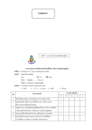 ภาคผนวก
แบบประเมินความคิดเห็นของนักเรียนที่มีต่อการจัดการเรียนรู้ของครูผู้สอน
คาชี้แจง ทาเครื่องหมาย  ในแบบประเมินและตอบทุกข้อ
ตอนที่ 1 ข้อมูลทั่วไปของผู้เรียน
เพศ  ชาย  หญิง
ชื่อวิชา ทัศนศิลป์ ชั้น ม.4/1
ชื่อผู้สอน นายอารมย์ อินทรประเสริฐ
ตอนที่ 2 การประเมินการเรียนการสอนตามสภาพจริง
5 = ดีมาก 4 = ดี 3 = ปานกลาง 2 = พอใช้ 1 = ปรับปรุง
ข้อ รายการประเมิน ความความคิดเห็น
5 4 3 2 1
1. นักเรียนมีส่วนร่วมในการกาหนดข้อตกลง กิจกรรมในการเรียน √
2. ครูสอนโดยวิธีการที่หลากหลาย ใช้สื่อประกอบการเรียนการสอน
ที่เหมาะสมและเน้นผู้เรียนเป็นสาคัญ
√
3. ครูจัดกิจกรรมการเรียนรู้ที่ส่งเสริมให้ผู้เรียนฝึกทักษะการคิด การตัดสินใจ
การศึกษาค้นคว้าด้วยตนเอง พร้อมแนะนา แหล่งความรู้เพิ่มเติม
√
4. ครูประยุกต์เนื้อหาที่สอนเข้ากับเหตุการณ์ปัจจุบัน/สภาพแวดล้อม √
5. ครูสอนโดยมีการสอดแทรกคุณธรรม/จริยธรรม ค่านิยมที่ดีเช่น
ความซื่อสัตย์ ความอดทน ความพอเพียง เห็นแก่ส่วนรวม
√
ฉบับที่ 5 แบบประเมินความคิดเห็นของผู้เรียน
 