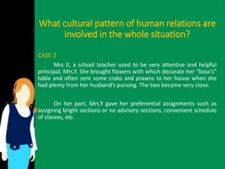 What cultural pattern of human relations are 
involved in the whole situation? 
CASE 2 
Mrs X, a school teacher used to be very attentive and helpful 
principal, Mrs.Y. She brought flowers with which decorate her “boss’s” 
table and often sent some crabs and prawns to her house when she 
had plenty from her husband’s punong. The two became very close. 
On her part, Mrs.Y gave her preferential assignments such as 
assigning bright sections or no advisory sections, convenient schedule 
of classes, etc. 
 