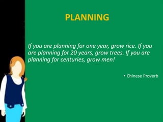 PLANNING 
If you are planning for one year, grow rice. If you 
are planning for 20 years, grow trees. If you are 
planning for centuries, grow men! 
• Chinese Proverb 
 
