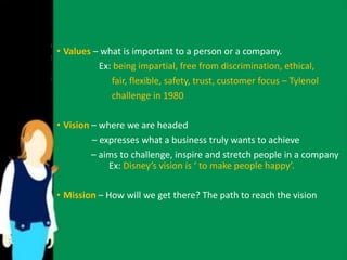 • Values – what is important to a person or a company. 
Ex: being impartial, free from discrimination, ethical, 
fair, flexible, safety, trust, customer focus – Tylenol 
challenge in 1980 
• Vision – where we are headed 
– expresses what a business truly wants to achieve 
– aims to challenge, inspire and stretch people in a company 
Ex: Disney’s vision is ‘ to make people happy’. 
• Mission – How will we get there? The path to reach the vision 
 