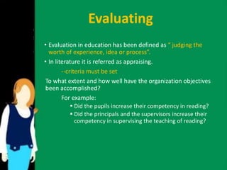Evaluating 
• Evaluation in education has been defined as “ judging the 
worth of experience, idea or process”. 
• In literature it is referred as appraising. 
--criteria must be set 
To what extent and how well have the organization objectives 
been accomplished? 
For example: 
 Did the pupils increase their competency in reading? 
 Did the principals and the supervisors increase their 
competency in supervising the teaching of reading? 
 