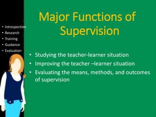 Major Functions of 
Supervision • Introspection 
• Research 
• Training 
• Guidance 
• Evaluation 
• Studying the teacher-learner situation 
• Improving the teacher –learner situation 
• Evaluating the means, methods, and outcomes 
of supervision 
 