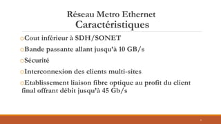 Réseau Metro Ethernet
Caractéristiques
oCout inférieur à SDH/SONET
oBande passante allant jusqu’à 10 GB/s
oSécurité
oInterconnexion des clients multi-sites
oEtablissement liaison fibre optique au profit du client
final offrant débit jusqu’à 45 Gb/s
5
 