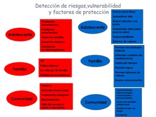 Detección de riesgos,vulnerabilidad
                   y factores de protección Buena salud física
                                                        Autoestima alta
                 Problemas                              Buena relación con
                 vocacionales                           pares
                 Problemas
                                          Adolescente   Autonomía adecuada
                 emocionales                            para la edad
Adolescente                                             Responsabilidad
                 Aspectos sociales
                 Aspectos médicos                       Sistema de valores
                 Conductas                               Proveer necesidades
                 accidentogénicas                        básicas
                                                         Entender cambios de
                                                         adolescencia
                VIF                          Familia     Dedicarle tiempo
                Padres lejanos
                                                         Premiar logros
  Familia       Enf. Discap. En familia
                                                         Proveer sistemas de
                Problemas económicos                     valores
                                                         Buena comunicación

                Pobreza
                Vivienda inadecuada                       Oportunidades
                                                          educacionales,
                Vecindarios inseguros                     vocacionales y
                                                          recreacionales
 Comunidad      Discriminación
                                            Comunidad     Leyes que protejan
                Falta de acceso a                         adolescente
                salud y educación                         Ambiente libre de
                                                          riesgo
                                                          Transporte
 