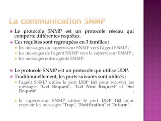  Le protocole SNMP est un protocole réseau qui
comporte différentes requêtes.
 Ces requêtes sont regroupées en 3 familles :
 les messages du superviseur SNMP vers l'agent SNMP ;
 les messages de l'agent SNMP vers le superviseur SNMP ;
 les messages entre agents SNMP.
 Le protocole SNMP est un protocole qui utilise UDP.
 Traditionnellement, les ports suivants sont utilisés :
 l'agent SNMP utilise le port UDP 161 pour recevoir les
messages "Get Request", "Get Next Request" et "Set
Request" ;
 le superviseur SNMP utilise le port UDP 162 pour
recevoir les messages "Trap", "Notification" et "Inform".
 
