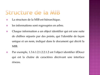  La structure de la MIB est hiérarchique.
 les informations sont regroupées en arbre.
 Chaque information a un object identifier qui est une suite
de chiffres séparés par des points, qui l'identifie de façon
unique et un nom, indiqué dans le document qui décrit la
MIB.
 Par exemple, 1.3.6.1.2.1.2.2.1.2 est l'object identifier ifDescr
qui est la chaîne de caractères décrivant une interface
réseau.
 