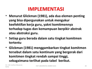 IMPLEMENTASI
• Menurut Glickman (1981), ada dua elemen penting
yang bisa dipergunakan untuk mengukur
keefektifan kerja guru, yakni komitmennya
terhadap tugas dan kemampuan berpikir abstrak
atau abstraksi guru.
• Setiap guru berada dalam satu tingkat komitmen
tertentu
• Glickman (1981) menggambarkan tingkat komitmen
tersebut dalam satu kontinum yang bergerak dari
komitmen tingkat rendah sampai tinggi,
sebagaimana terlihat pada tabel berikut.
Dr. H.M. Sulthon Masyhud,
M.Pd
FKIP UNIVERSITAS JEMBER 2010 28
 