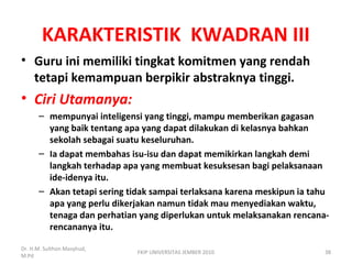 KARAKTERISTIK KWADRAN III
• Guru ini memiliki tingkat komitmen yang rendah
tetapi kemampuan berpikir abstraknya tinggi.
• Ciri Utamanya:
– mempunyai inteligensi yang tinggi, mampu memberikan gagasan
yang baik tentang apa yang dapat dilakukan di kelasnya bahkan
sekolah sebagai suatu keseluruhan.
– Ia dapat membahas isu-isu dan dapat memikirkan langkah demi
langkah terhadap apa yang membuat kesuksesan bagi pelaksanaan
ide-idenya itu.
– Akan tetapi sering tidak sampai terlaksana karena meskipun ia tahu
apa yang perlu dikerjakan namun tidak mau menyediakan waktu,
tenaga dan perhatian yang diperlukan untuk melaksanakan rencana-
rencananya itu.
Dr. H.M. Sulthon Masyhud,
M.Pd
FKIP UNIVERSITAS JEMBER 2010 38
 