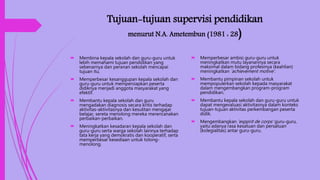 Tujuan-tujuan supervisi pendidikan
menurut N.A. Ametembun (1981 : 28)
 Membina kepala sekolah dan guru-guru untuk
lebih memahami tujuan pendidikan yang
sebenarnya dan peranan sekolah mencapai
tujuan itu.
 Memperbesar kesanggupan kepala sekolah dan
guru-guru untuk mempersiapkan peserta
didiknya menjadi anggota masyarakat yang
efektif.
 Membantu kepala sekolah dan guru
mengadakan diagnosis secara kritis terhadap
aktivitas-aktivitasnya dan kesulitan mengajar
belajar, sereta menolong mereka merencanakan
perbaikan-perbaikan.
 Meningkatkan kesadaran kepala sekolah dan
guru-guru serta warga sekolah lainnya terhadap
tata kerja yang demokratis dan kooperatif, serta
memperbesar kesediaan untuk tolong-
menolong.
 Memperbesar ambisi guru-guru untuk
meningkatkan mutu layanannya secara
maksimal dalam bidang profesinya (keahlian)
meningkatkan ‘achievement motive’.
 Membantu pimpinan sekolah untuk
mempopulerkan sekolah kepada masyarakat
dalam mengembangkan program-program
pendidikan.
 Membantu kepala sekolah dan guru-guru untuk
dapat mengevaluasi aktivitasnya dalam konteks
tujuan-tujuan aktivitas perkembangan peserta
didik.
 Mengembangkan ‘espprit de corps’ guru-guru,
yaitu adanya rasa kesatuan dan persatuan
(kolegialitas) antar guru-guru.
 