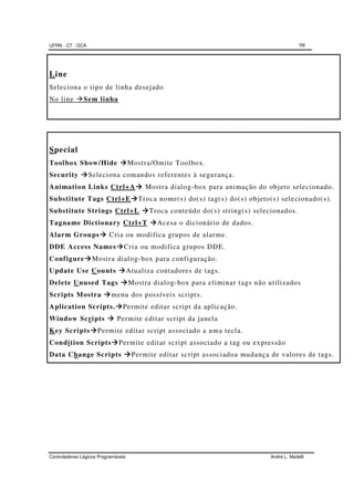 UFRN - CT - DCA 98
Controladores Lógicos Programáveis André L. Maitelli
Line
Seleciona o tipo de linha desejado
No line Sem linha
Special
Toolbox Show/Hide Mostra/Omite Toolbox.
Security Seleciona comandos referentes à segurança.
Animation Links Ctrl+A Mostra dialog-box para animação do objeto selecionado.
Substitute Tags Ctrl+E Troca nome(s) do(s) tag(s) do(s) objeto(s) selecionado(s).
Substitute Strings Ctrl+L Troca conteúdo do(s) string(s) selecionados.
Tagname Dictionary Ctrl+T Acesa o dicionário de dados.
Alarm Groups Cria ou modifica grupos de alarme.
DDE Access Names Cria ou modifica grupos DDE.
Configure Mostra dialog-box para configuração.
Update Use Counts Atualiza contadores de tags.
Delete Unused Tags Mostra dialog-box para eliminar tags não utilizados
Scripts Mostra menu dos possíveis scripts.
Aplication Scripts. Permite editar script da aplicação.
Window Scripts Permite editar script da janela
Key Scripts Permite editar script associado a uma tecla.
Condition Scripts Permite editar script associado a tag ou expressão
Data Change Scripts Permite editar script associadoa mudança de valores de tags.
 