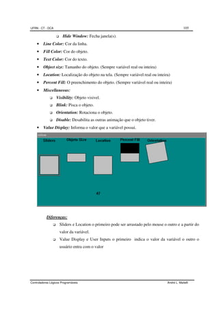 UFRN - CT - DCA 105
Controladores Lógicos Programáveis André L. Maitelli
Hide Window: Fecha janela(s).
• Line Color: Cor da linha.
• Fill Color: Cor do objeto.
• Text Color: Cor do texto.
• Object size: Tamanho do objeto. (Sempre variável real ou inteira)
• Location: Localização do objeto na tela. (Sempre variável real ou inteira)
• Percent Fill: O preenchimento do objeto. (Sempre variável real ou inteira)
• Miscellaneous:
Visibility: Objeto visivel.
Blink: Pisca o objeto.
Orientation: Rotaciona o objeto.
Disable: Desabilita as outras animação que o objeto tiver.
• Value Display: Informa o valor que a variável possui.
Diferenças:
Sliders e Location o primeiro pode ser arrastado pelo mouse o outro e a partir do
valor da variável.
Value Display e User Inputs o primeiro indica o valor da variável o outro o
usuário entra com o valor
 