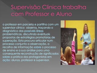 o professor em parceria e partilha com um
supervisor clinico observa, traçando o
diagnóstico das possíveis áreas
problemáticas, discutindo eventuais
propostas de estratégias promotoras de
superação. Esta procura articular num
processo conjunto a observação, a
recolha de informação sobre o processo
de ensino e a sua análise para uma
consequente reconstrução de significados
sobre a prática dos protagonistas em
ação: alunos, professor e supervisor.
 