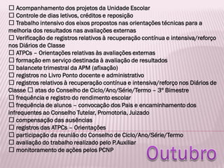 Acompanhamento dos projetos da Unidade Escolar
Controle de dias letivos, créditos e reposição
Trabalho intensivo dos eixos propostos nas orientações técnicas para a
melhoria dos resultados nas avaliações externas
Verificação de registros relativos à recuperação contínua e intensiva/reforço
nos Diários de Classe
ATPCs – Orientações relativas às avaliações externas
formação em serviço destinada à avaliação de resultados
balancete trimestral da APM (afixação)
registros no Livro Ponto docente e administrativo
registros relativos à recuperação contínua e intensiva/reforço nos Diários de
Classe atas do Conselho de Ciclo/Ano/Série/Termo – 3º Bimestre
frequência e registro do rendimento escolar
frequência de alunos – convocação dos Pais e encaminhamento dos
infrequentes ao Conselho Tutelar, Promotoria, Juizado
compensação das ausências
registros das ATPCs – Orientações
participação da reunião do Conselho de Ciclo/Ano/Série/Termo
avaliação do trabalho realizado pelo P.Auxiliar
monitoramento de ações pelos PCNP
 