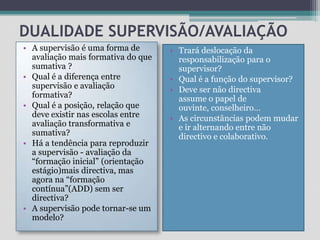 DUALIDADE SUPERVISÃO/AVALIAÇÃOA supervisão é uma forma de avaliação mais formativa do que sumativa ?Qual é a diferença entre supervisão e avaliação formativa?Qual é a posição, relação que deve existir nas escolas entre avaliação transformativa e sumativa?Há a tendência para reproduzir a supervisão - avaliação da “formação inicial” (orientação estágio)mais directiva, mas agora na “formação contínua”(ADD) sem ser directiva?A supervisão pode tornar-se um modelo?Trará deslocação da responsabilização para o supervisor?Qual é a função do supervisor? Deve ser não directiva            assume o papel de ouvinte, conselheiro…As circunstâncias podem mudar e ir alternando entre não directivo e colaborativo.